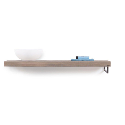 Looox Wood collection Solo plan sous vasque - 140x46cm - Avec porte-serviettes (droite) inox brossé - Chêne massif gris ancien