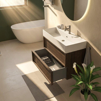 Saniclass Holz Frame Ensemble meuble de salle de bains - 100x45x72cm - Legend lavabo en céramique blanc mat - 1 vasque - 1 trou de robinetterie - 2 tiroirs - chêne charcoal mat (bois)