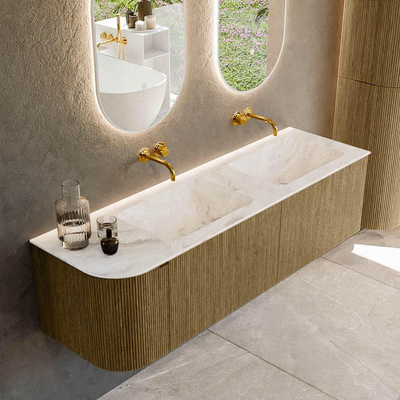 Mondiaz KURVE-DLUX Ensemble mobilier de salle de bains - 155x46x40cm - 2 tiroirs - 1 porte - vasque solid surface - double / droite - sans trou de robinet - Dusk