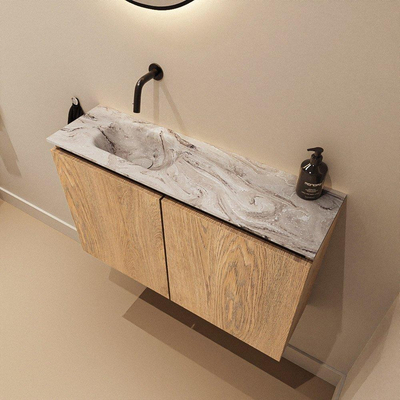 MONDIAZ TURE-DLUX Meuble WC 80 cm Washed Oak. Lavabo EDEN Glace position gauche. Sans trou de robinet.