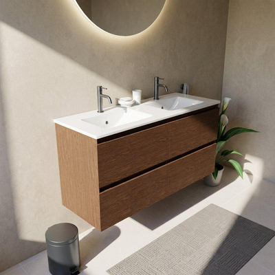 Saniclass Holz Pure Ensemble de meuble de salle de bains - 120x45x62cm - Lavabo Vygo en céramique blanc - 2 vasques - 2 trous de robinetterie - 4 tiroirs - noyer pure mat (bois)