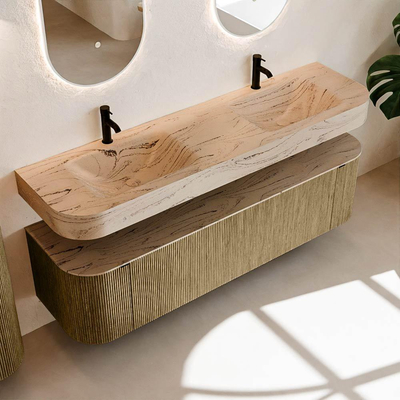 MONDIAZ THOR-DLUX 170cm meuble de salle de bains arrondi gauche + droite couleur Dusk avec 1 tiroir et 2 portes. Vasque suspendue CLOUD Double 2 trous de robinet couleur Arena.