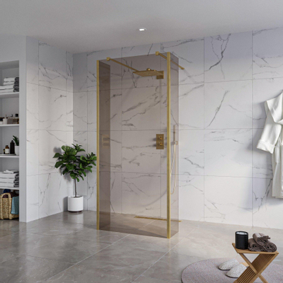 Fortifura Galeria Vrijstaande Inloopdouche - 90x200cm - Rookglas - antikalk - 8mm veiligheidsglas - 2 zijwanden - 40cm - wandsteunen en hoekprofielen - PVD - geborsteld messing (goud)