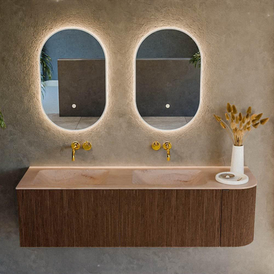 MONDIAZ KURVE-DLUX 155cm meuble de salle de bains arrondi Droite couleur Walnut avec 2 tiroirs et 1 porte. Lavabo LEAF Double / Gauche sans trou de robinet Saba.