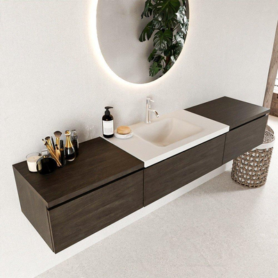 Mondiaz bukla ensemble de meubles de salle de bain 200x45x34cm 1 trou pour robinetterie lavabo milieu surface solide talc sans poignée 3 tiroirs avec softclose mélamine marron foncé