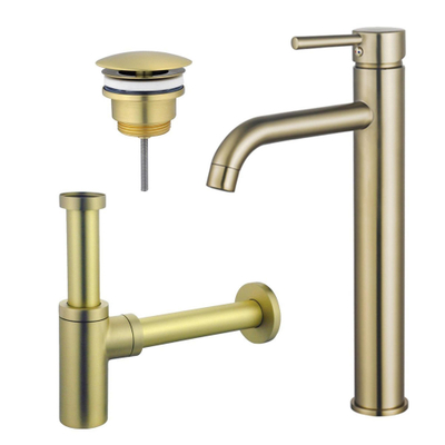 FugaFlow Eccelente Sobrado Badkamer Wastafelkraanset - verhoogde wastafelkraan - always open plug - design sifon - PVD Geborsteld Messing