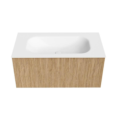 MONDIAZ KURVE Meuble de salle de bains 90 cm couleur Oak avec 1 tiroir. Lavabo BIG SMALL centré 1 trou de robinet Talc.