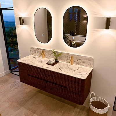 Mondiaz CIRO-DLUX Ensemble de meuble de salle de bains - 150x45x50cm - Plan vasque solid surface Glace - 2 vasques double - 2 trous de robinet - 4 tiroirs - Ruby