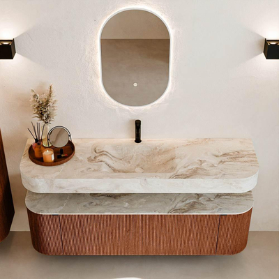 MONDIAZ THOR-DLUX 160cm meuble de salle de bains arrondi gauche + droite couleur Ruby avec 1 tiroir et 2 portes. Vasque suspendue CLOUD Milieu 1 trou de robinet couleur Frappe.