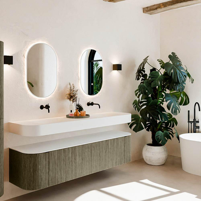 MONDIAZ THOR Meuble de salle de bains 180cm arrondi gauche + droite couleur Shadow avec 2 tiroirs et 2 portes. Vasque suspendue CLOUD Double sans trou de robinet couleur Talc.