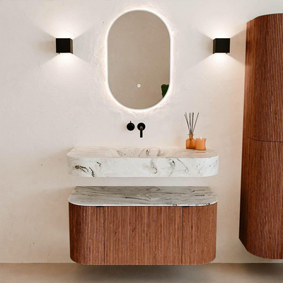 MONDIAZ THOR-DLUX 100cm meuble de salle de bains arrondi gauche + droite couleur Ruby avec 1 tiroir et 2 portes. Vasque suspendue CLOUD Milieu sans trou de robinet couleur Glace.