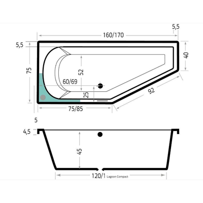 Xenz Lagoon Hoekbad - 160x75x48 - afvoer Midden - Links - Compact - acryl - wit