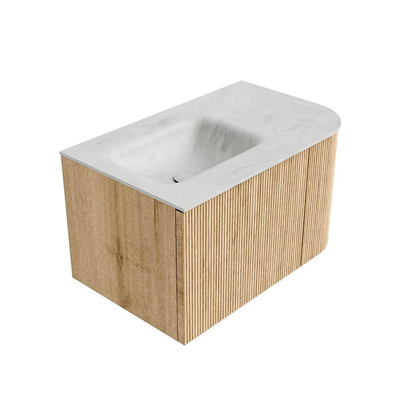 MONDIAZ KURVE-DLUX 75cm Meuble salle de bain avec module 25 D - couleur Oak - 1 tiroir - 1 porte - vasque GRUNNE gauche - 1 trou de robinet - couleur Opalo