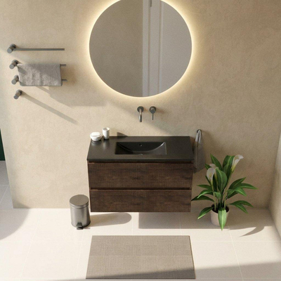 Saniclass Holz Atelier Ensemble meuble de salle de bains - 100x45x62cm - Vygo lavabo en céramique noir - 1 vasque - sans trou de robinet - 2 tiroirs - chêne charcoal mat (bois)