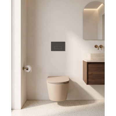 QeramiQ Dely Toiletset - 36.3x51.7cm - Geberit UP720 inbouwreservoir - rimless - diepspoel - zitting - softclose - bedieningsplaat mat antraciet - rechthoekige knoppen - mat beige
