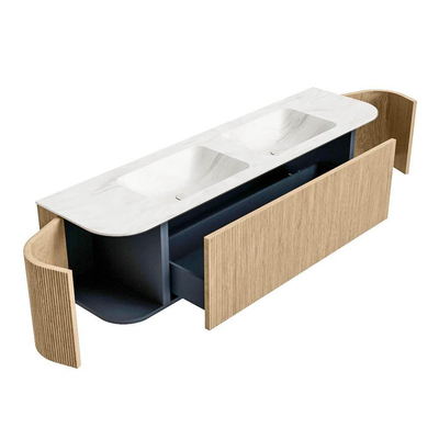 MONDIAZ KURVE-DLUX 170cm Meuble salle de bain avec module 25 G et D - couleur Oak - 1 tiroir - 2 portes - vasque LEAF double - sans trou de robinet - couleur Ostra