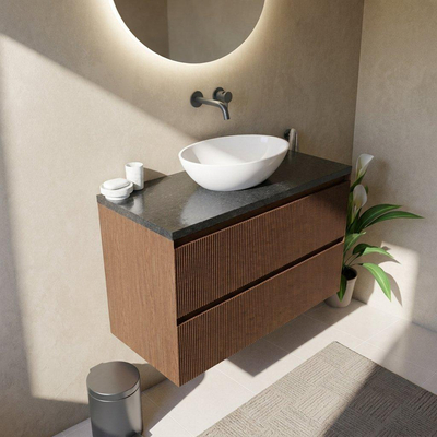 Saniclass Holz Atelier Ensemble meuble de salle de bains - 100x45x63cm - plan vasque en basalte Noche poli (noir) - sans trou de robinetterie - 2 tiroirs - walnut pure mat (bois)