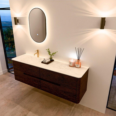 Mondiaz CIRO-DLUX Badkamermeubelset - 160x45x50cm - Solid surface wastafel Opalo - 1 wasbak Links - 1 kraangat - 4 lades - Walnut