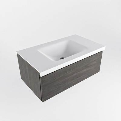 Mondiaz BUKLA Ensemble de meuble salle de bain - 80x45x34cm - 1 trou de robinet - lavabo centré - solid surface - Talc - sans poignée - 1 tiroir - Mélamine - Marron foncé