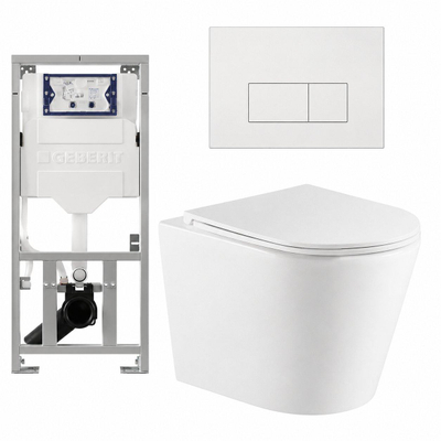QeramiQ Dely Toiletset - 36.3x51.7cm - diepspoel - rimless - Geberit UP320 inbouwreservoir - met Burda frame - softclose toiletzitting - mat witte bedieningsplaat - rechtehoekige knoppen - mat wit