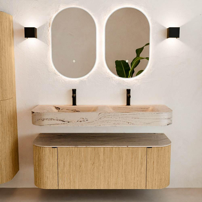 MONDIAZ THOR-DLUX 130cm badmeubel ronding links + rechts kleur Oak met 1 lade en 2 deuren. Vrijhangende wastafel CLOUD Dubbel 2 kraangaten kleur Arena.