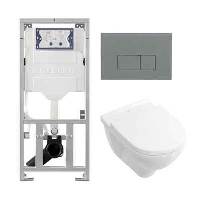Villeroy & Boch O.novo Toiletset - Geberit inbouwreservoir - diepspoel wandcloset - softclose - bedieningsplaat bedieningsplaat licht grijs - rechthoekige knoppen - wit