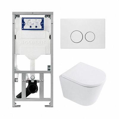 QeramiQ Dely Toiletset - 36.3x51.7cm - diepspoel - rimless - Geberit UP320 inbouwreservoir - met Burda frame - softclose toilet zitting - 35mm - mat witte bedieningsplaat - ronde knoppen - glans wit
