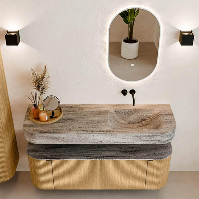 MONDIAZ THOR-DLUX 140cm badmeubel ronding links + rechts kleur Oak met 1 lade en 2 deuren. Vrijhangende wastafel CLOUD Rechts zonder kraangat kleur Oza.