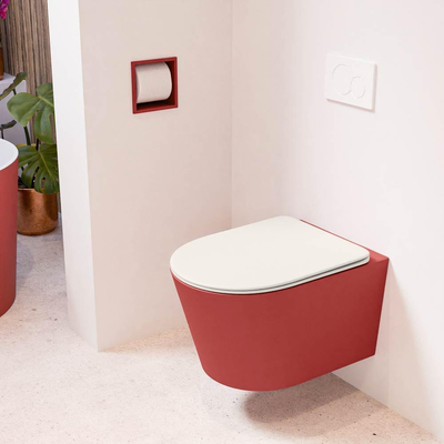 Mondiaz LAVIE hangtoilet – spoelrandloos – 36 x 53 cm – met softclose zitting – Fire (rood), zitting Linen (offwhite)