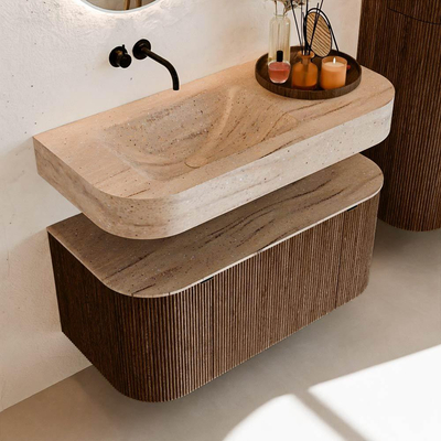 MONDIAZ THOR-DLUX 100cm badmeubel ronding links + rechts kleur Walnut met 1 lade en 2 deuren. Vrijhangende wastafel CLOUD Links zonder kraangat kleur Saba.