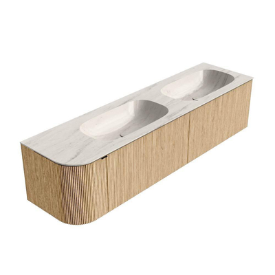 MONDIAZ KURVE-DLUX 175cm meuble de salle de bains arrondi gauche couleur chêne avec 2 tiroirs et 1 porte. Lavabo STOR SMALL double / droite 2 trous de robinet Meli.