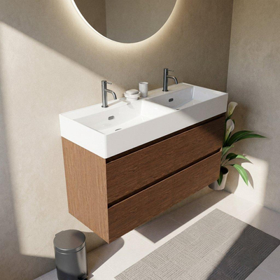 Saniclass Holz Pure Ensemble meuble de salle de bains - 120x45x72cm - lavabo Legend en céramique blanc - 2 vasques - 2 trous de robinet - 4 tiroirs - walnut pure mat (bois)