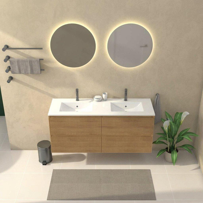 Saniclass Holz Atelier Ensemble de meubles de salle de bains - 140x45x62cm - Lavabo Vygo en céramique blanc - 2 vasques - 2 trous de robinetterie - 4 tiroirs - chêne naturel brillant (bois)