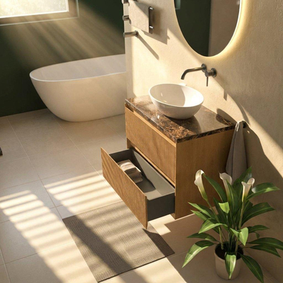 Saniclass Holz Atelier Ensemble de meubles de salle de bains - 80x45x63cm - Plan de travail en pierre naturelle Noche dark emperador - sans trou de robinetterie - 2 tiroirs - chêne natural mat (bois)