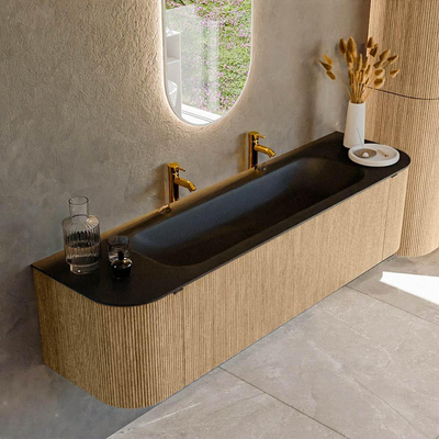 MONDIAZ KURVE 170cm badmeubel met module 25 Len R kleur Oak met 1 lade en 2 deuren. Wastafel BIG LARGE midden 2 kraangaten Urban.