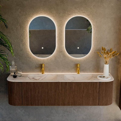 MONDIAZ KURVE-DLUX 170cm badmeubel ronding Links + Rechts kleur Walnut met 1 lade en 2 deuren. Wastafel LEAF Dubbel 2 kraangaten Nata.