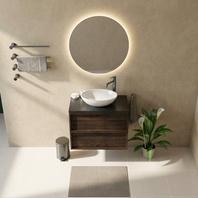Saniclass Holz Frame Ensemble meuble de salle de bains - 80x45x63cm - Plan vasque en basalte Noche poli (noir) - 1 trou de robinet - 2 tiroirs - chêne charcoal mat (bois)