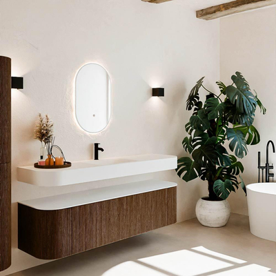 MONDIAZ THOR Meuble de salle de bains 170cm arrondi gauche + droite couleur Walnut avec 1 tiroir et 2 portes. Vasque suspendue CLOUD Milieu 1 trou de robinet couleur Talc.