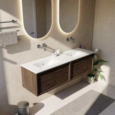 Saniclass Holz Frame Ensemble de meuble de salle de bains - 160x45x42cm - Vygo lavabo en céramique blanc - 2 vasques - sans trous de robinetterie - 2 tiroirs - chêne charcoal mat (bois)
