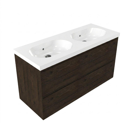 Saniclass Holz Pure Ensemble meuble de salle de bains - 120x45x63.5cm - lavabo Palermo en céramique blanc - 2 vasques - sans trous de robinet - 4 tiroirs - chêne charcoal mat (bois)