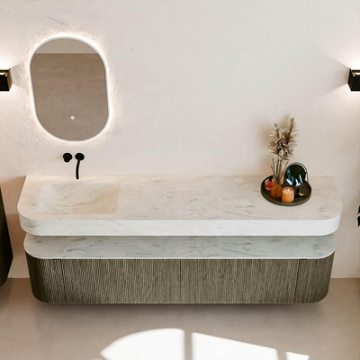 MONDIAZ THOR-DLUX 200cm meuble de salle de bains arrondi gauche + droite couleur Shadow avec 2 tiroirs et 2 portes. Vasque suspendue CLOUD Gauche sans trou de robinet couleur Opalo.