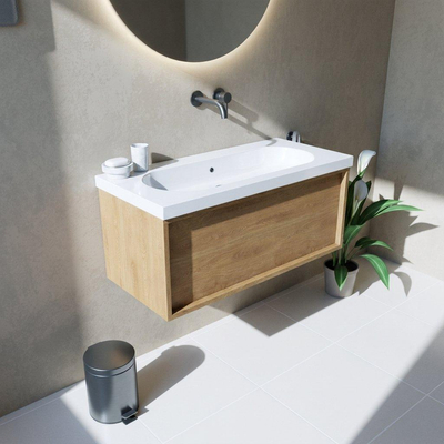 Saniclass Holz Frame Ensemble de meubles de salle de bains - 100x45x43.5cm - lavabo en céramique Palermo blanc - 1 vasque - sans trou de robinet - 1 tiroir - chêne naturel mat (bois)