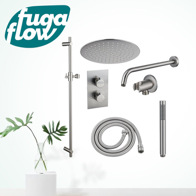 FugaFlow Eccelente Sobrado Ensemble de douche encastrable - thermostatique - bras mural - barre curseur - pomme de douche 25cm - douchette stick - Inox brossé PVD