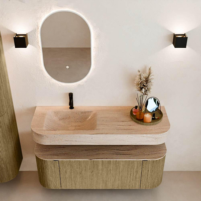 MONDIAZ THOR-DLUX 130cm meuble de salle de bains arrondi gauche + droite couleur Dusk avec 1 tiroir et 2 portes. Vasque suspendue CLOUD Gauche 1 trou de robinet couleur Saba.