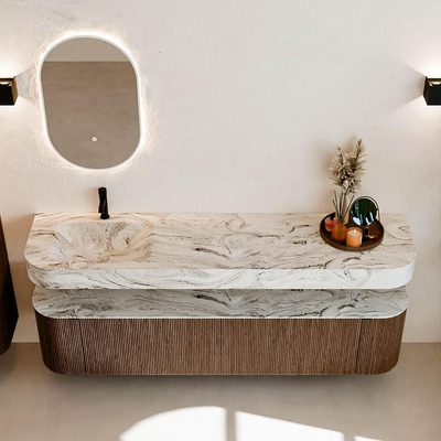 MONDIAZ THOR-DLUX 190cm badmeubel ronding links + rechts kleur Walnut met 2 lades en 2 deuren. Vrijhangende wastafel CLOUD Links 1 kraangat kleur Glace.