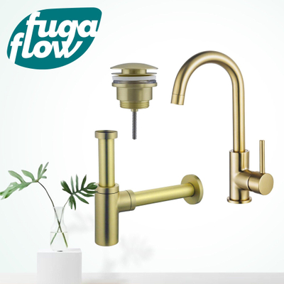FugaFlow Eccelente Sobrado Badkamer Wastafelkraanset - hoge wastafelkraan - draaibare uitloop - klikwaste plug - design sifon - PVD Geborsteld Messing
