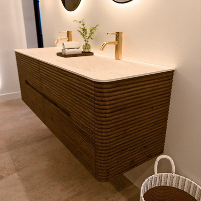 Mondiaz CIRO-DLUX Badkamermeubelset - 150x45x50cm - Solid surface wastafel Meli - 2 wasbak Dubbel - 2 kraangaten - 4 lades - Dusk