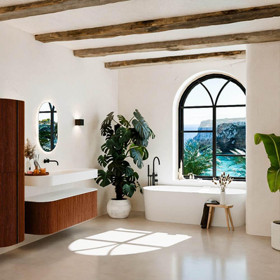 MONDIAZ THOR Meuble de salle de bains 140cm arrondi gauche + droite couleur Ruby avec 1 tiroir et 2 portes. Vasque suspendue CLOUD Milieu sans trou de robinet couleur Talc.