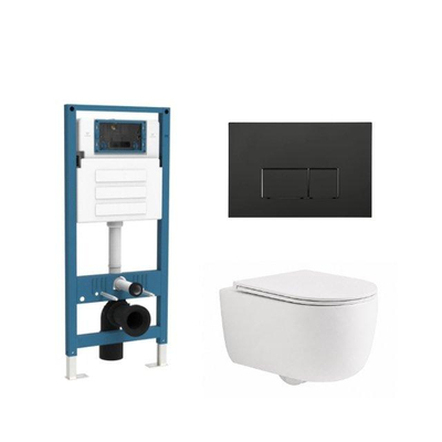 QeramiQ Dely Swirl Ensemble de WC - réservoir encastré QeramiQ Flush - abattant fin - plaque de commande noire mate en plastique - boutons rectangulaires - blanc mat