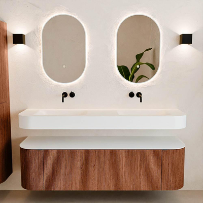 MONDIAZ THOR Meuble de salle de bains 160cm arrondi gauche + droite couleur Ruby avec 1 tiroir et 2 portes. Vasque suspendue CLOUD Double sans trou de robinet couleur Talc.